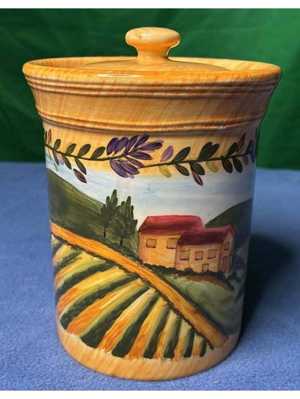 Hand-Painted Tuscan Landscape Ceramic Kitchen Canister with Lid